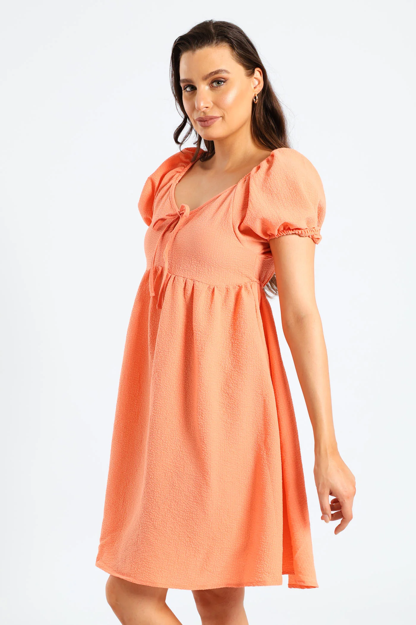 Puff Sleeve Tie-Front Gypsy Mini Dress - Light Coral