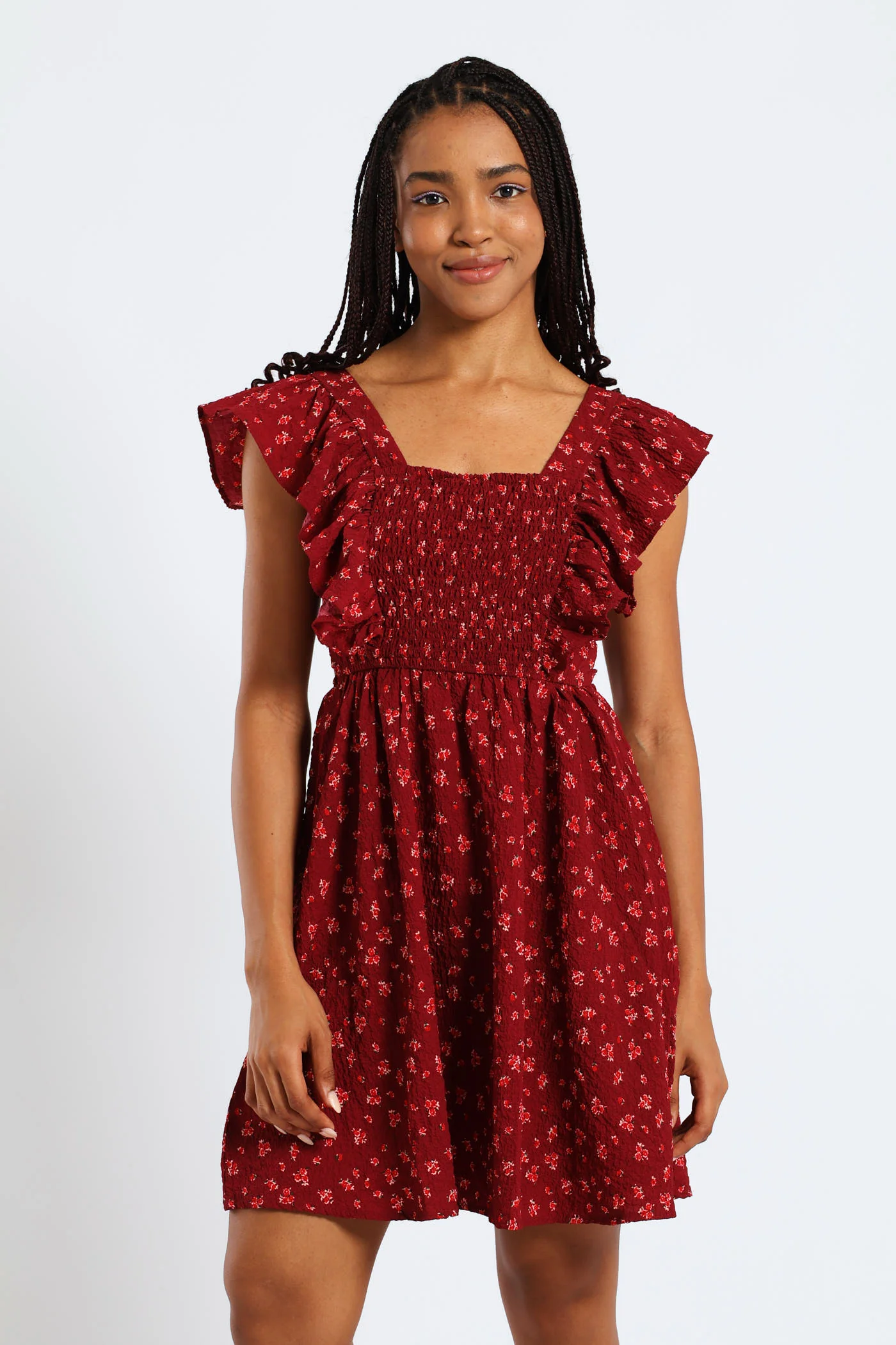 Frill Smock Mini Dress - Dark Burgandy