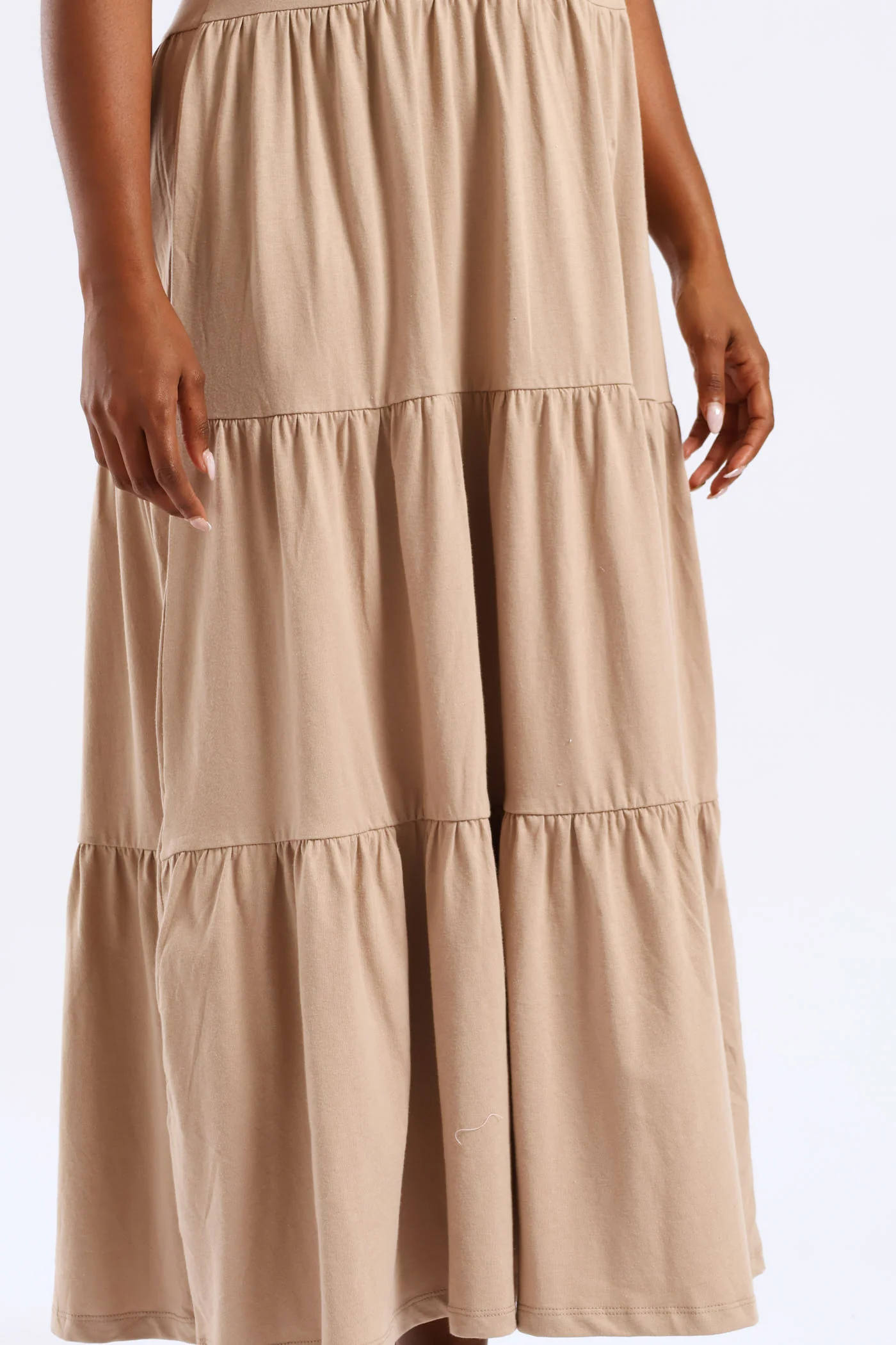 Rib Neck Tiered Cotton Midaxi Dress - Taupe