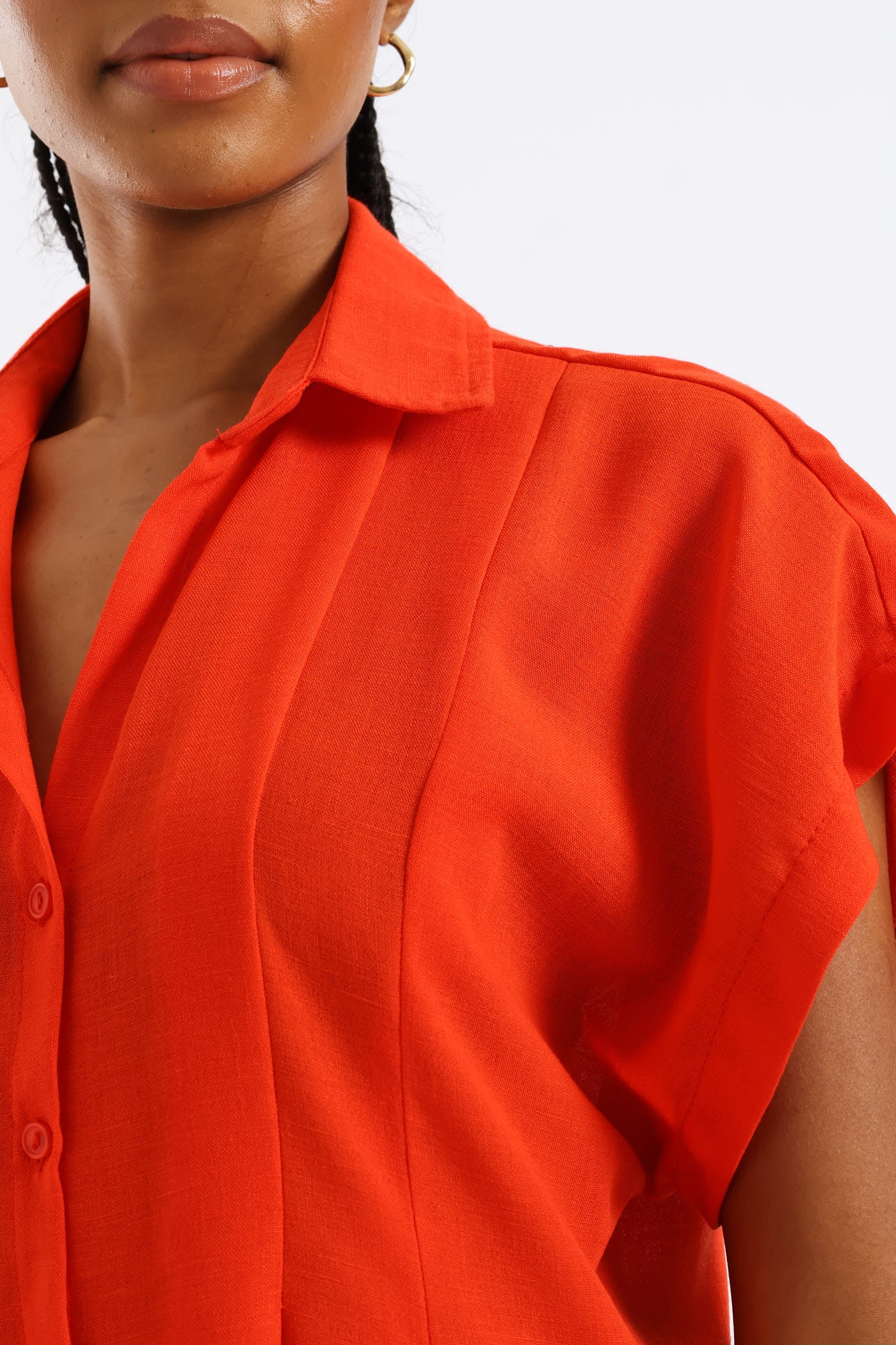 Pleated Bodice Kaftan Midi Shirt Dress - Vermilion