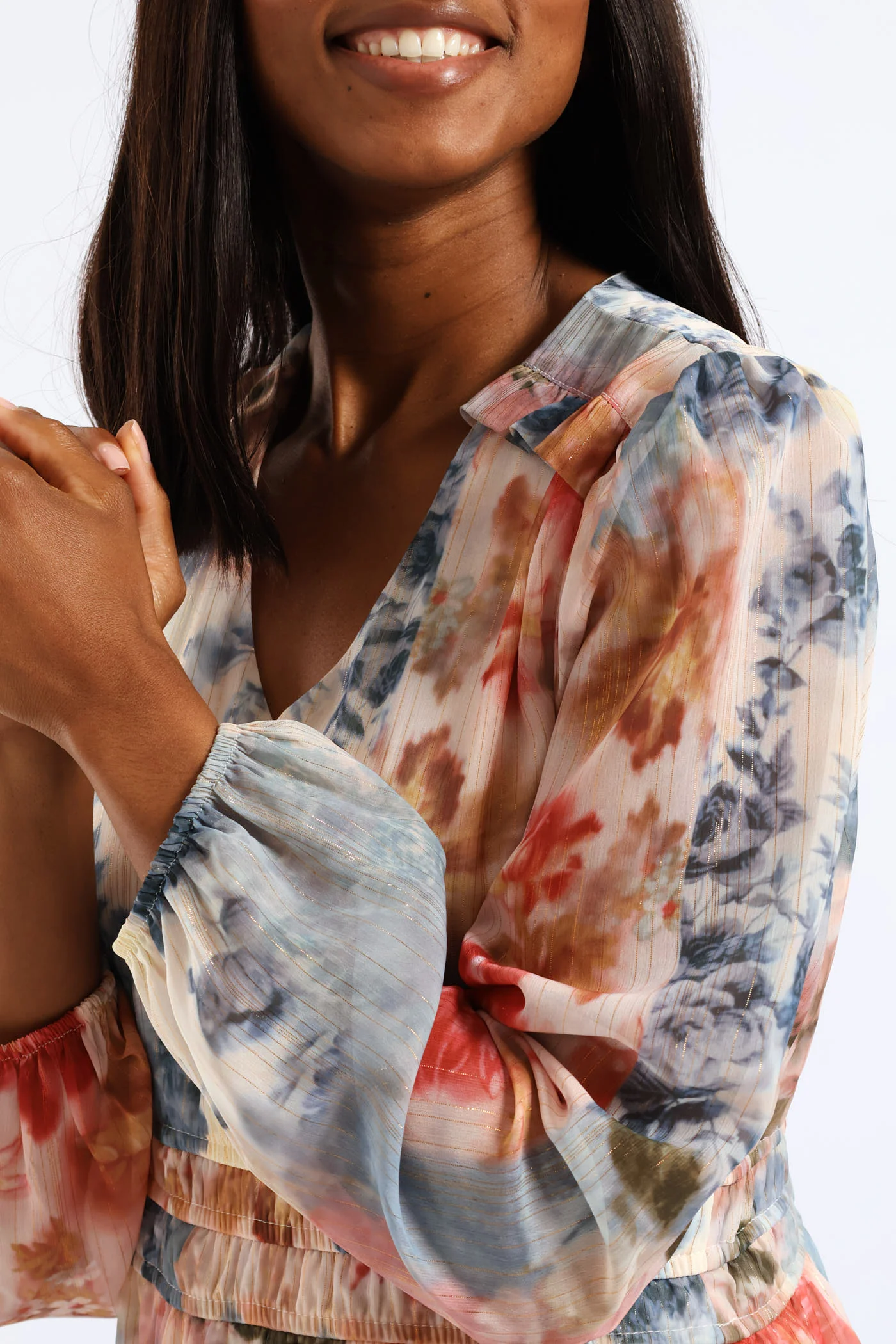 V-Neck Elasticated Waist Tiered Tea Dress - Multi