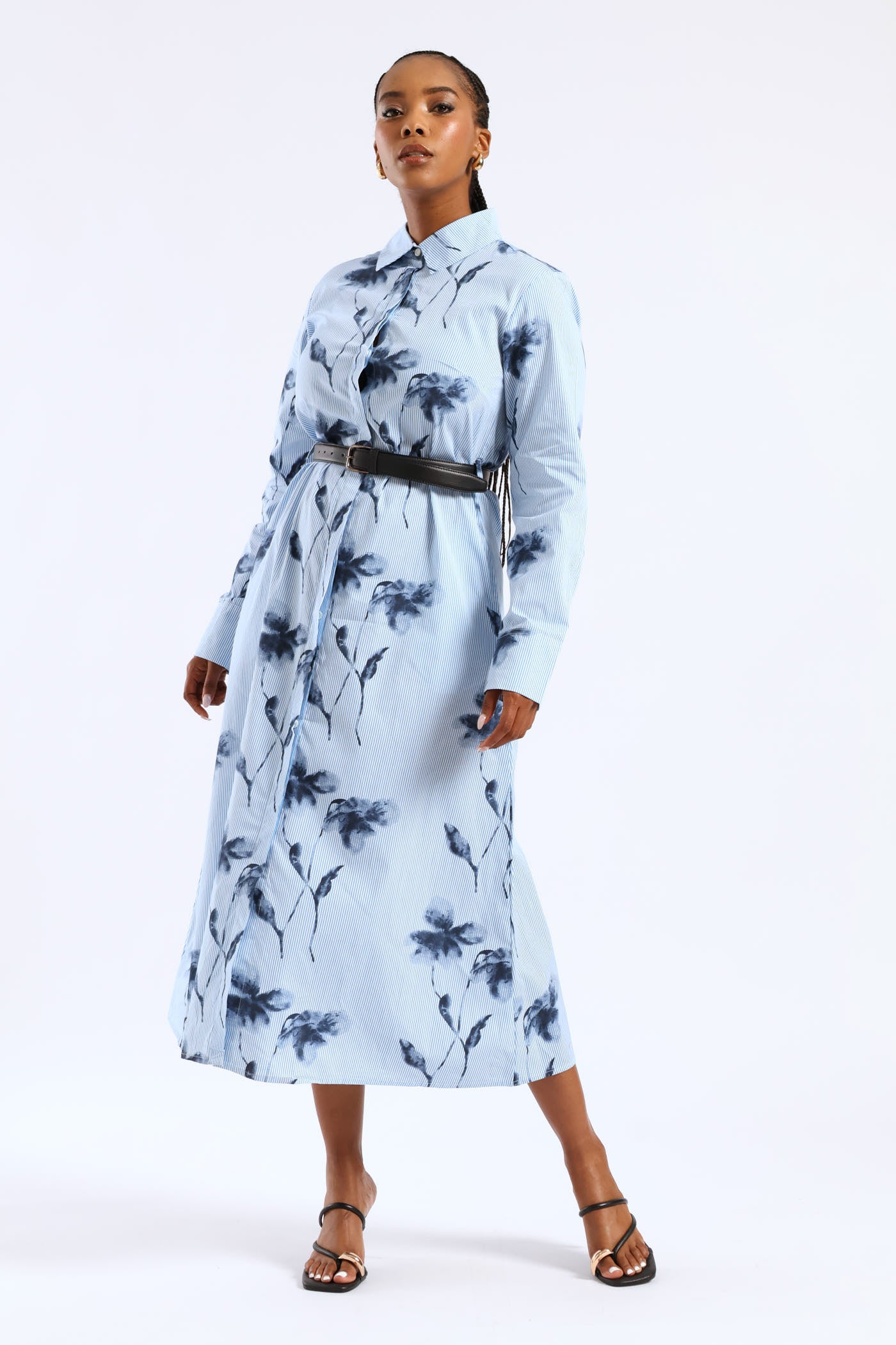Belted Striped Floral Maxi Shirt Dress - Blue