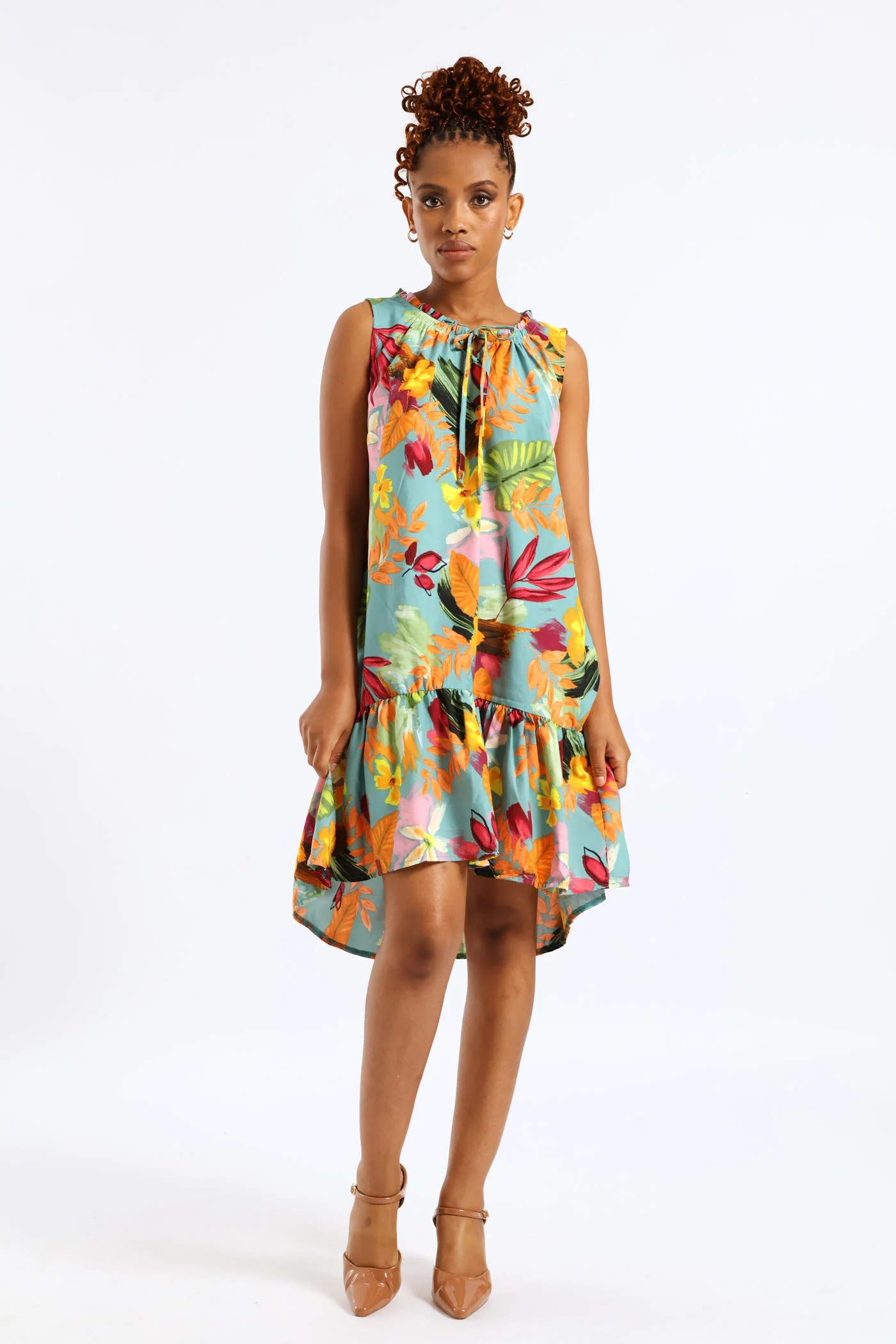 Frill Neck Printed Drop Hem Dress - Aqua