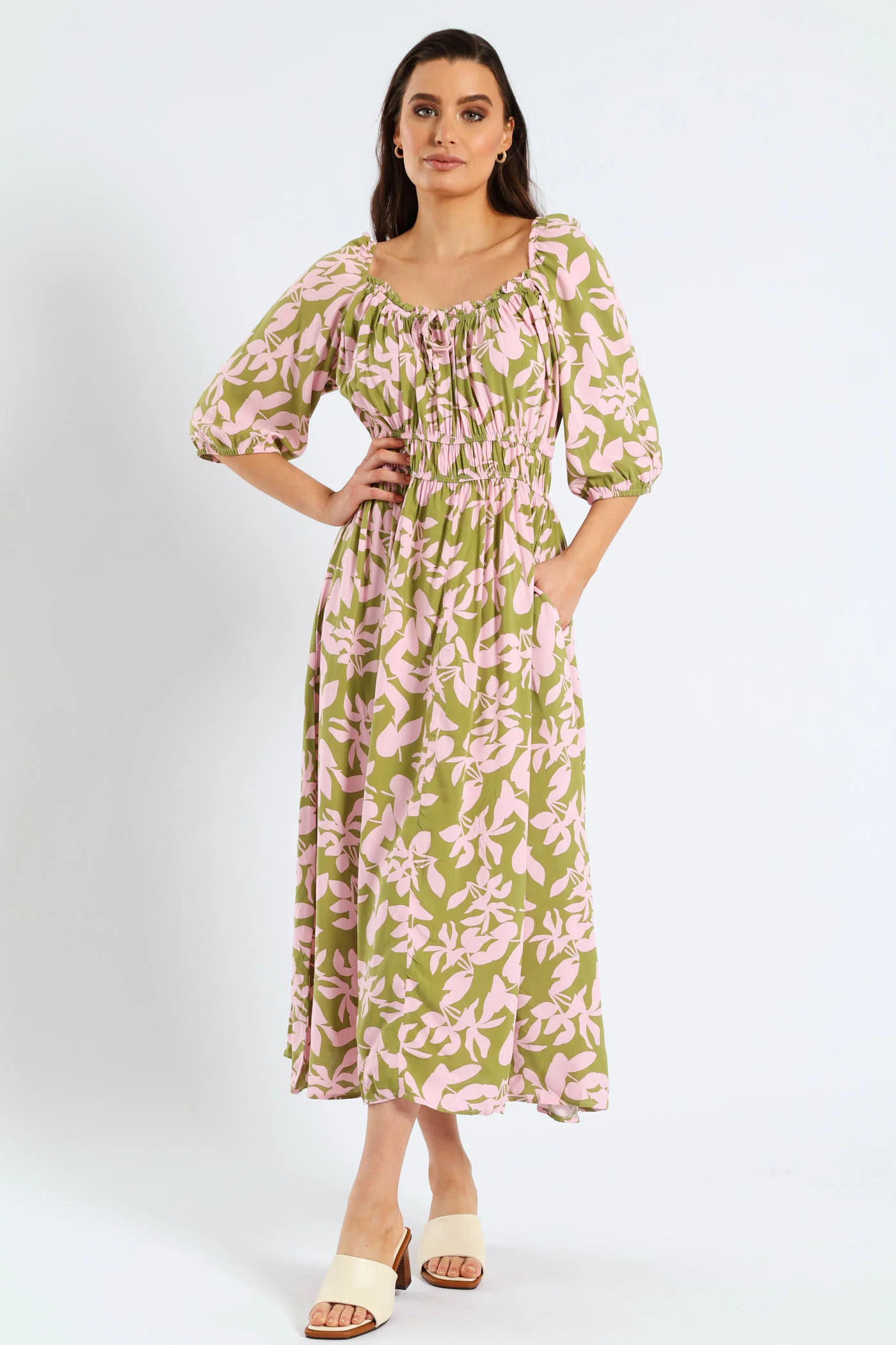 3/4 Sleeve Frill Bardot Neck Elastic Detail Midi Dress - Chartreuse/Mauve