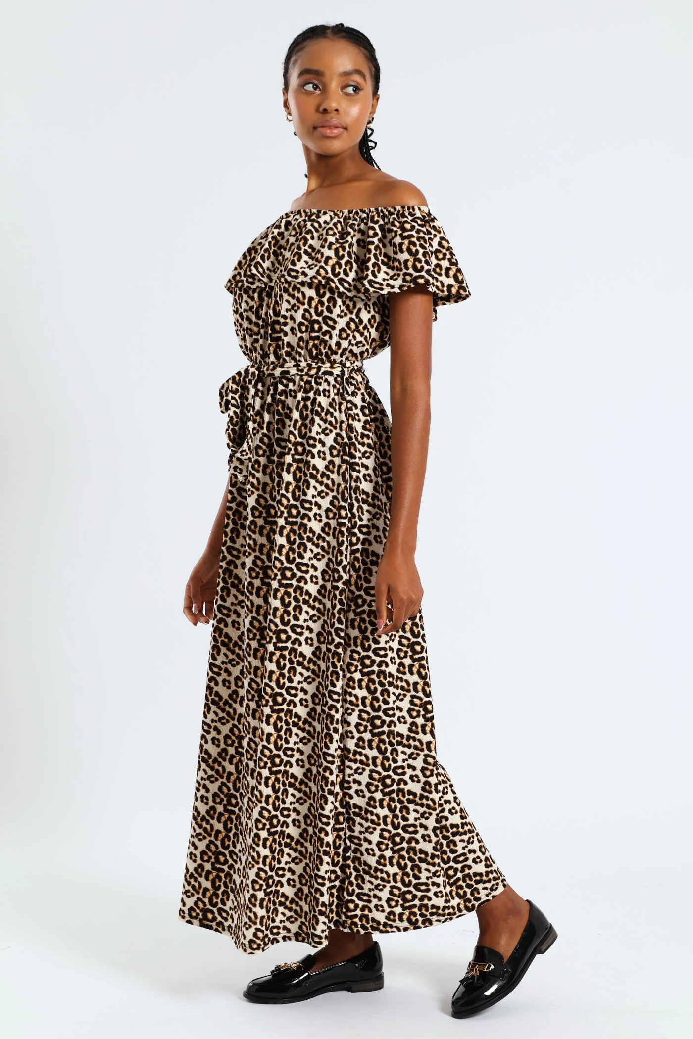 Frill Bardot Self Belted Crinkle Midi Dress - Multi