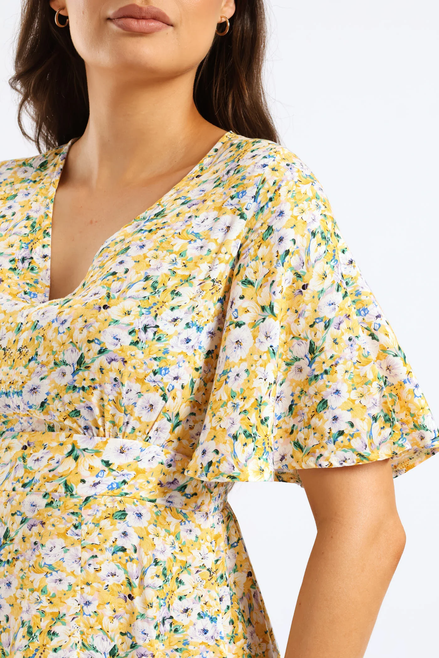 V-Neck Flutter Sleeve Midi Dress - Pastel Yellow