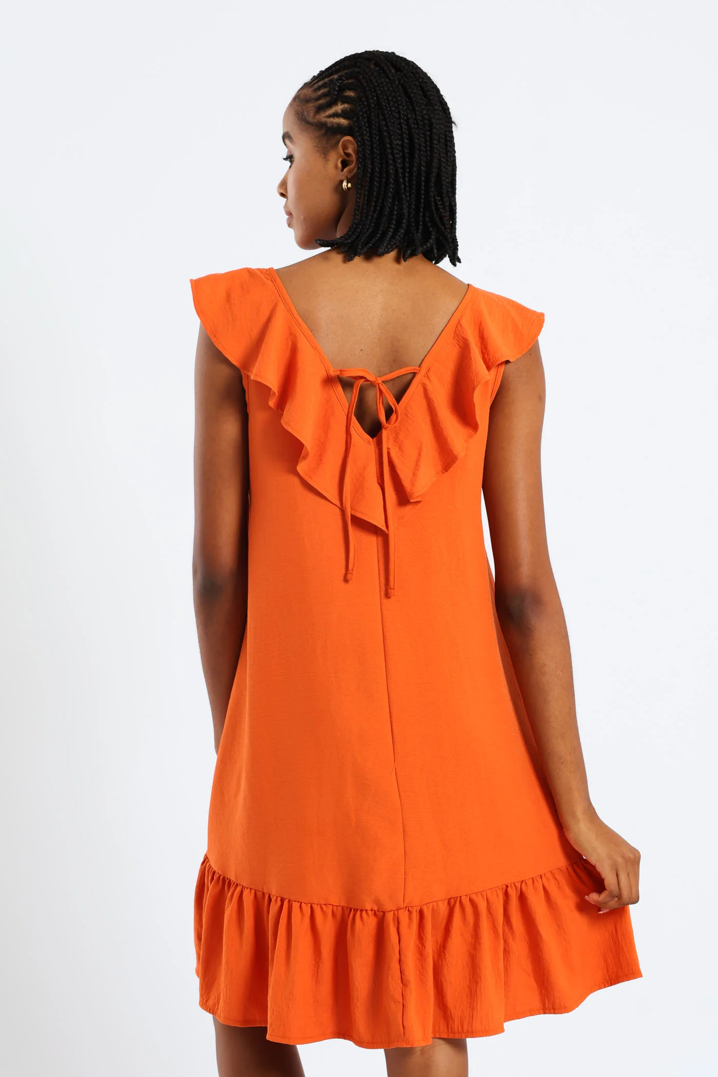 Sleeveless V-Neck Frill Mini Hem Dress - Burnt Orange