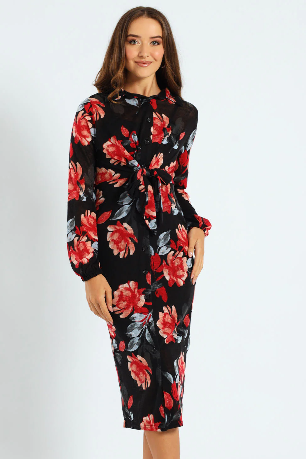 Tie Front Cut & Sew Shirt Midaxi Dress