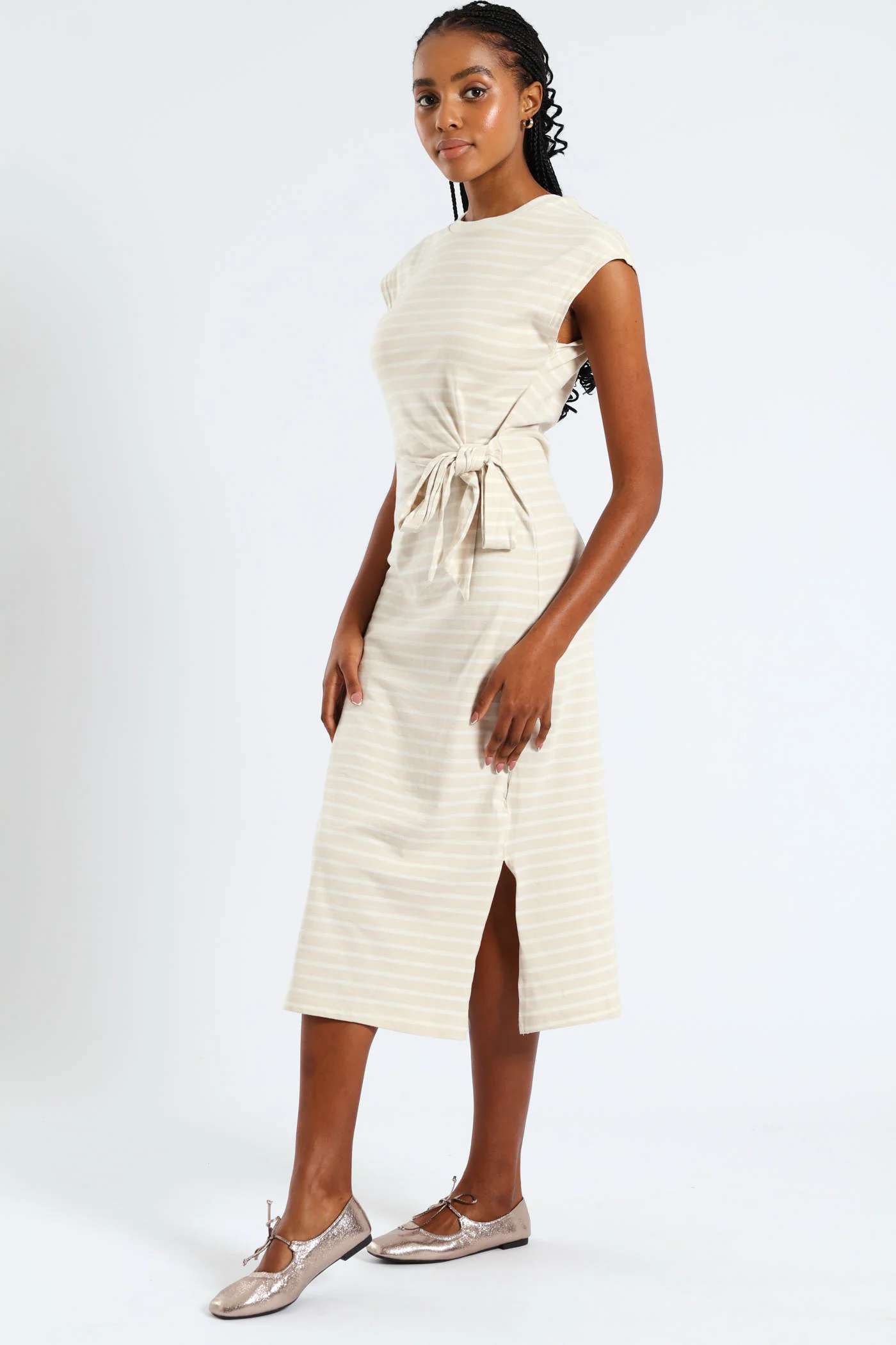 Knot Front Side Slit Midi T-Shirt Dress - Beige/Cream