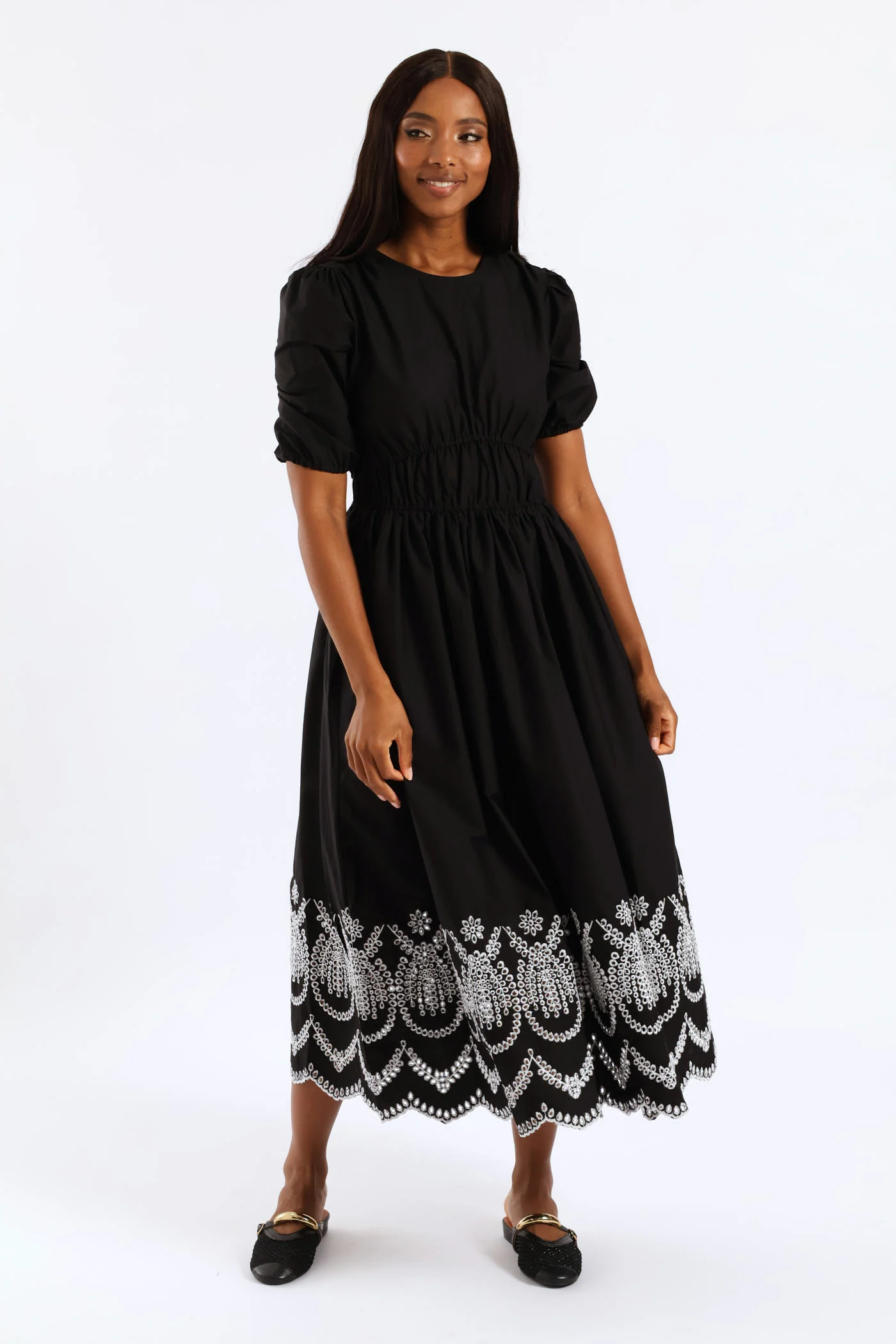 Bubble Sleeve Anglaise Hem Fit & Flare Midi Dress - White/Black