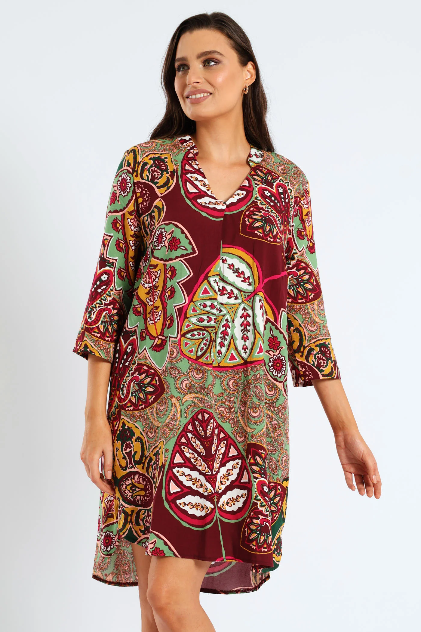 Mandarin Collar Pleat Front Printed Shift Dress - Multi