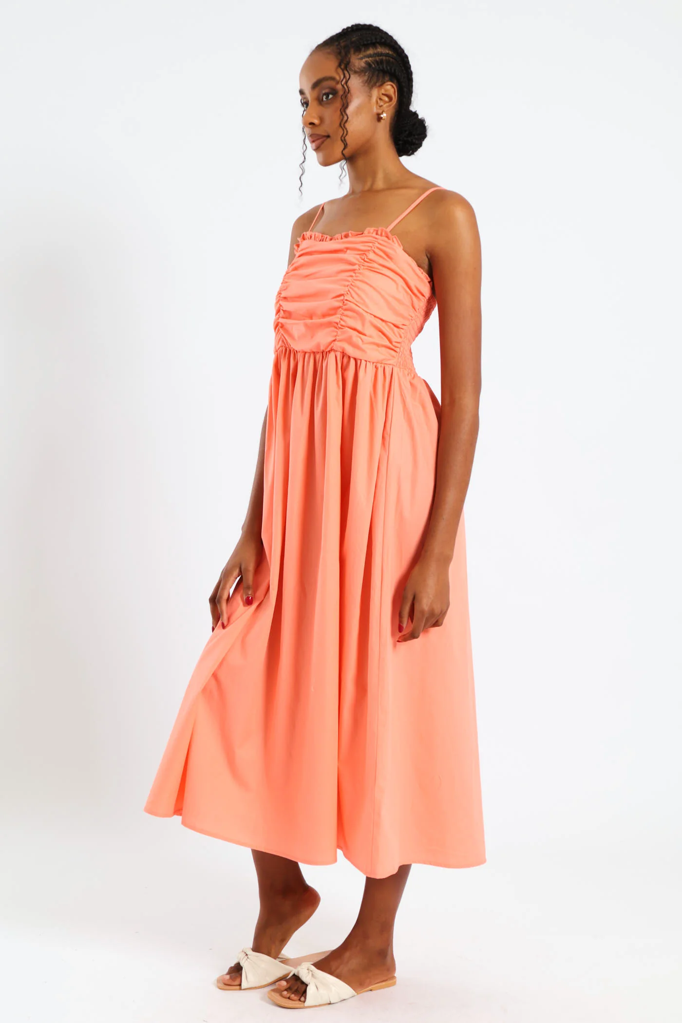 Strappy Ruched Bodice Midi Sundress - Light Coral