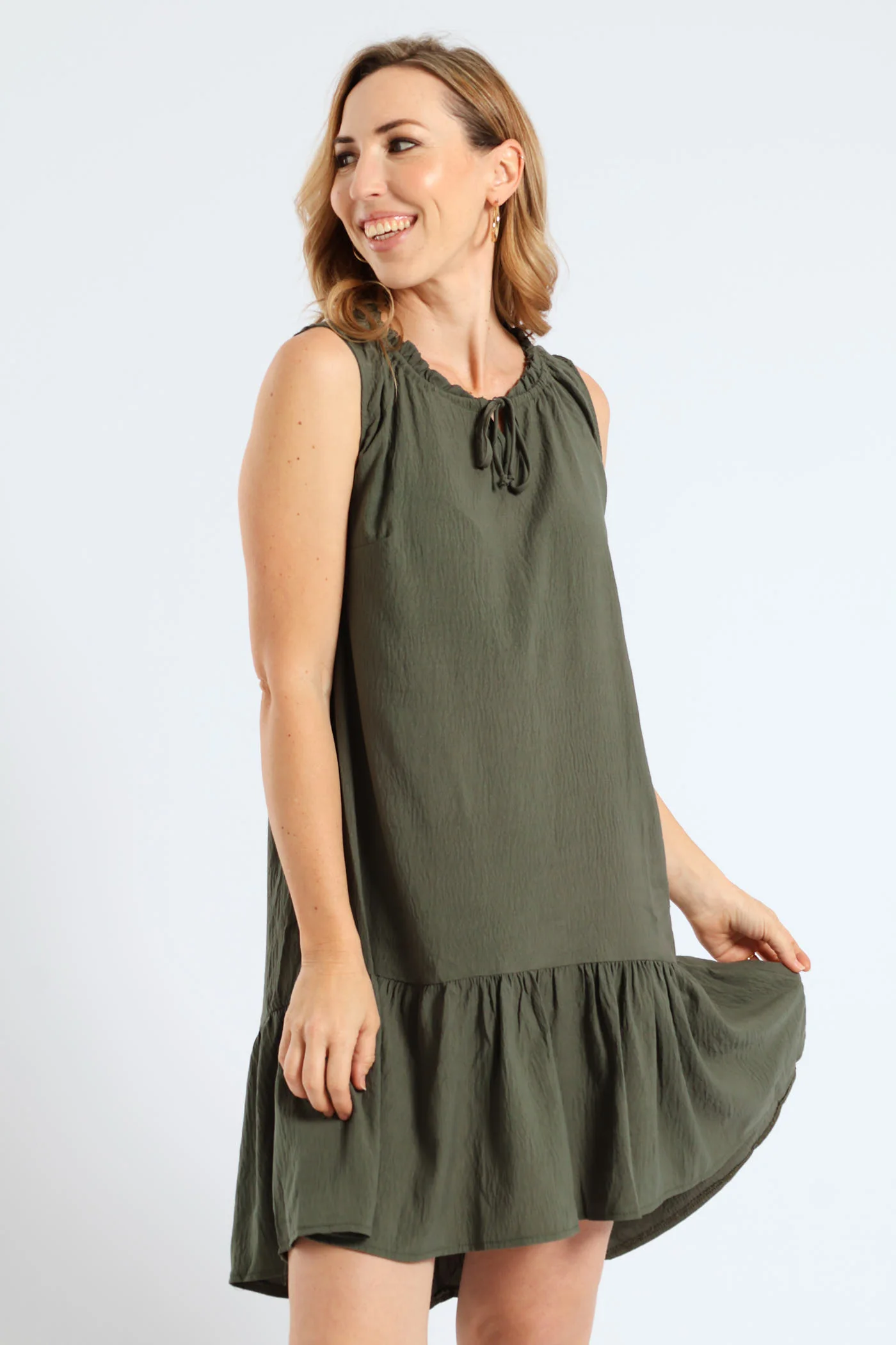 Frill Neck Drop Hem Dress - Light Fatigue