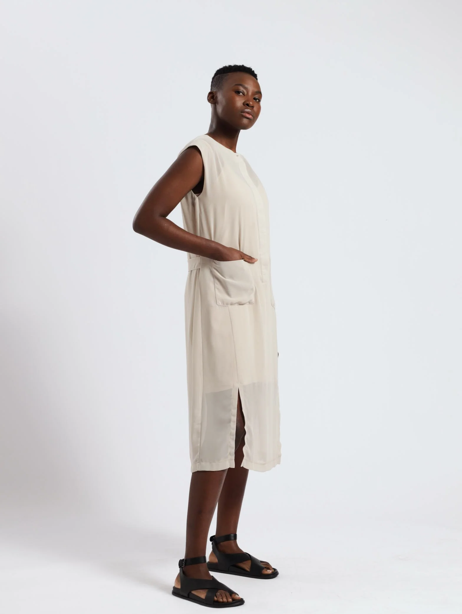 Sleeveless Sheer Patch Pocket Shirt Dress - Silver