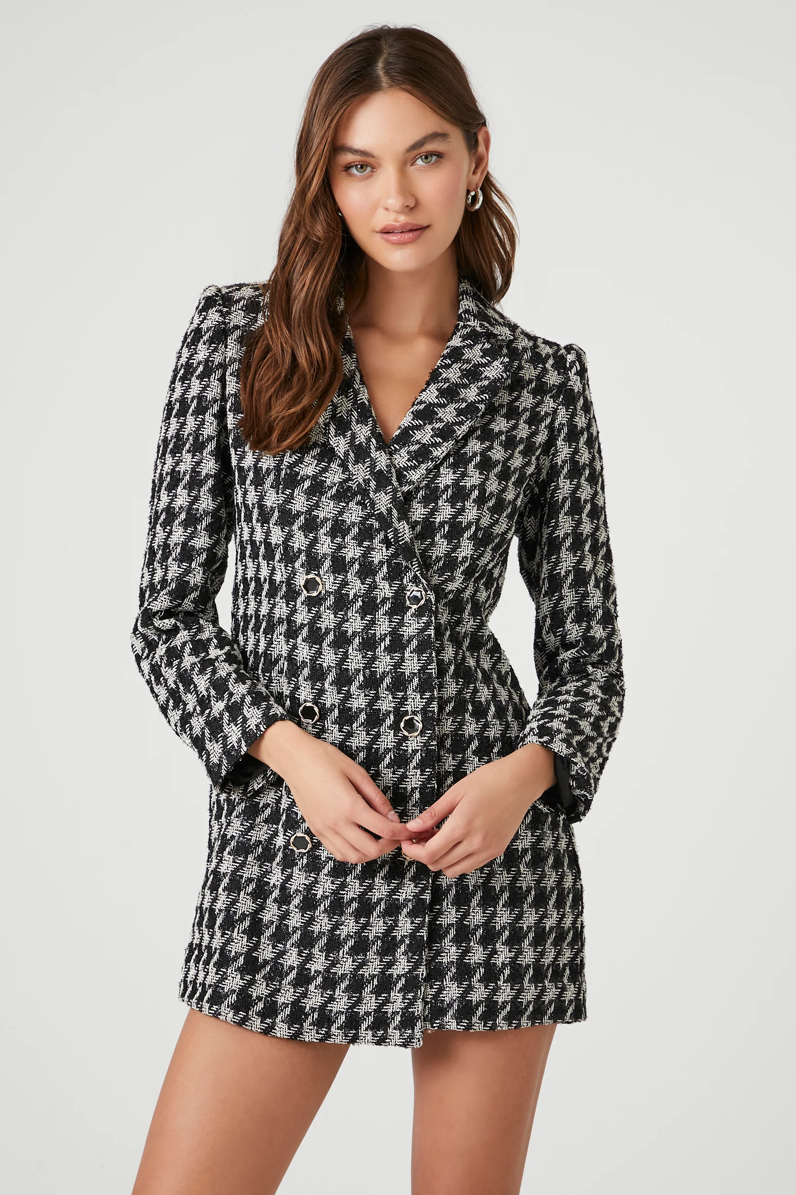 Tweed Houndstooth Print Mini Dress - Black/White