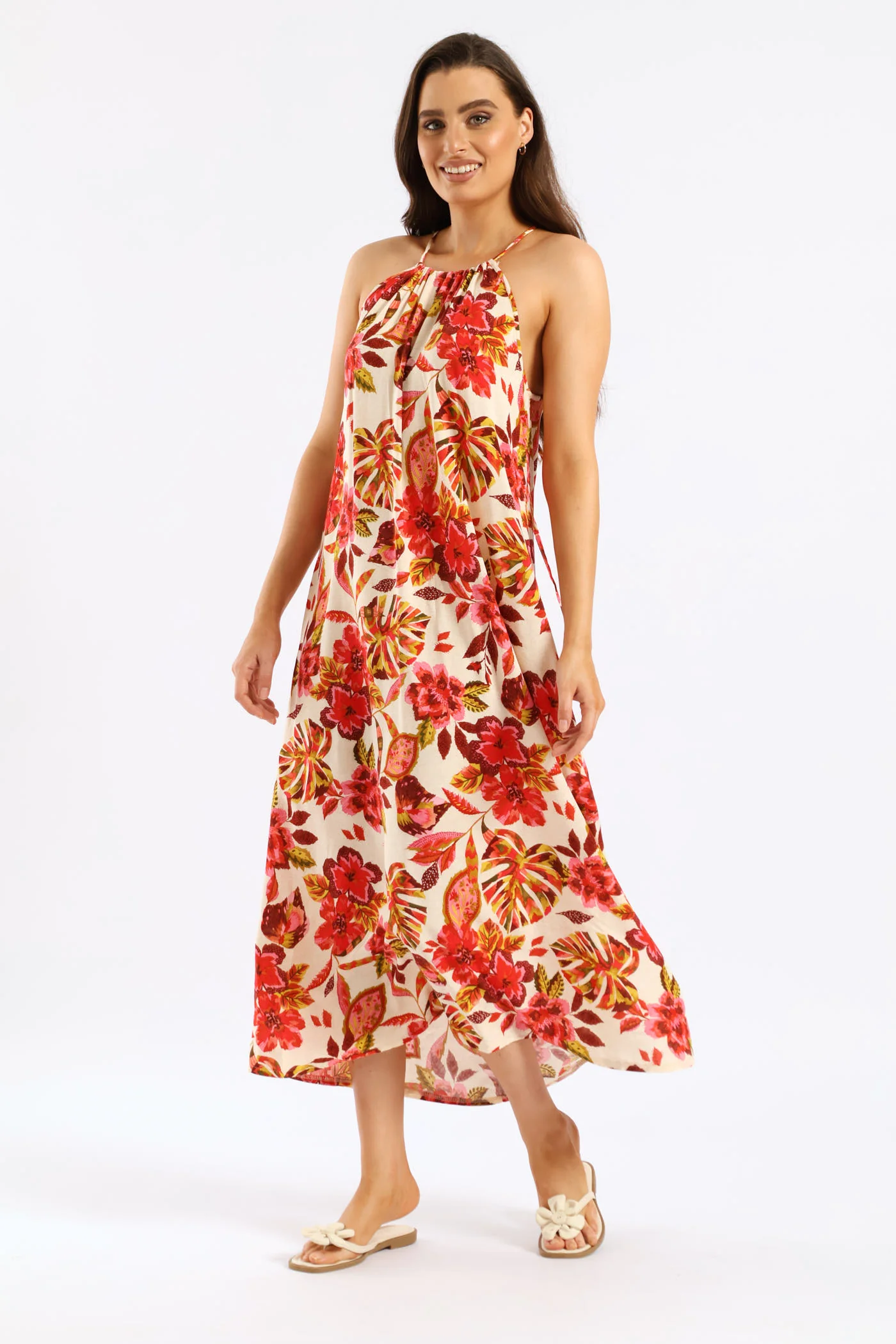 Hi-Neck Drawstring Back Tie Maxi Dress - Multi