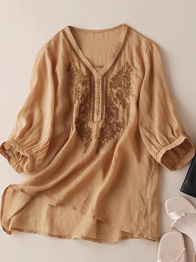 Cotton Linen Fine Embroidery V-neck Casual Top