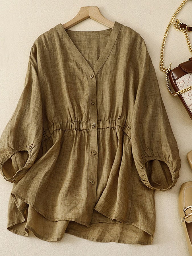 Linen V-neck Waistband Lantern Sleeve Pullover Shirt