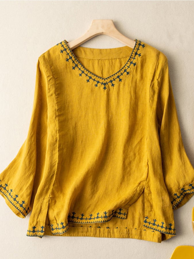 Fashion Embroidered V-Neck Cotton Shirt