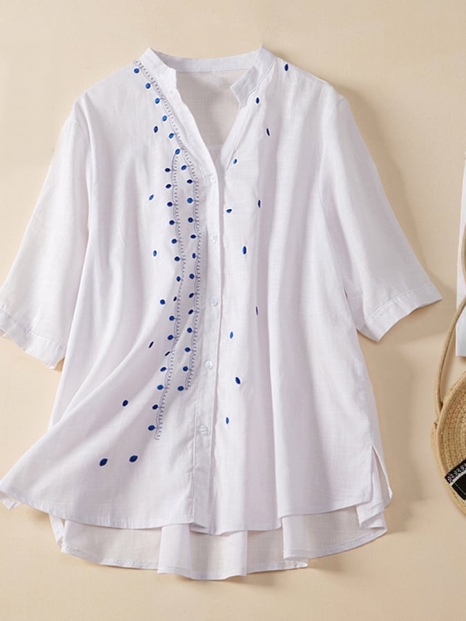 Cotton Linen Embroidered V-Neck Short-Sleeved Shirt