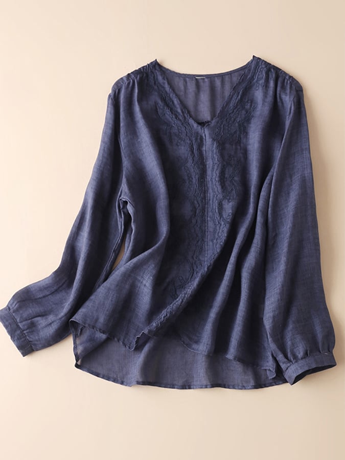 Cotton And Linen  Loose V-neck Embroidered Long Sleeve Shirt
