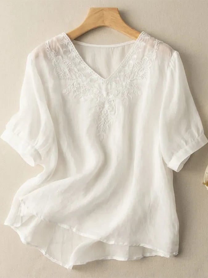 Cotton And Linen V-neck Embroidered Loose Shirt