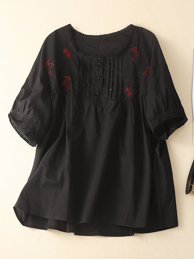 Loose Embroidered Floral Cotton Linen Short Sleeve Shirt