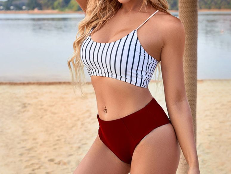 New high waist split bikini skinny swimsuit striped beach vacation bikini