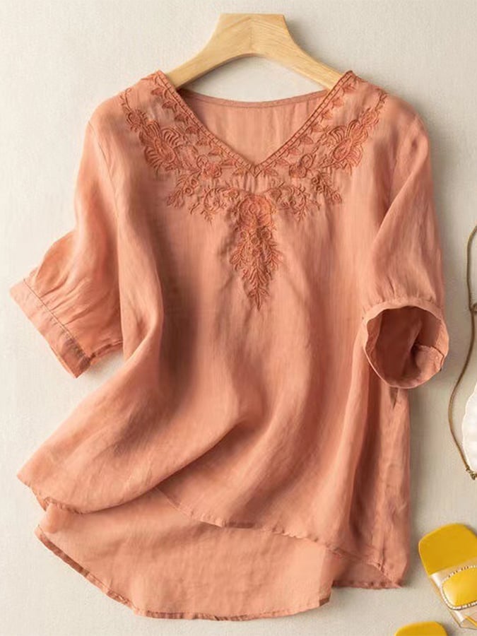 Cotton And Linen V-neck Embroidered Loose Shirt