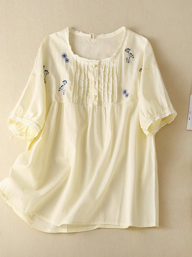 Loose Embroidered Floral Cotton Linen Short Sleeve Shirt