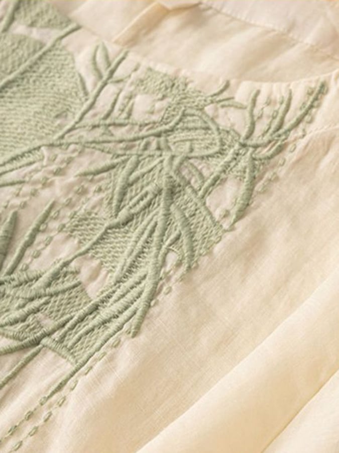 Fashionable Embroidered Round Neck Cotton And Linen Shirt