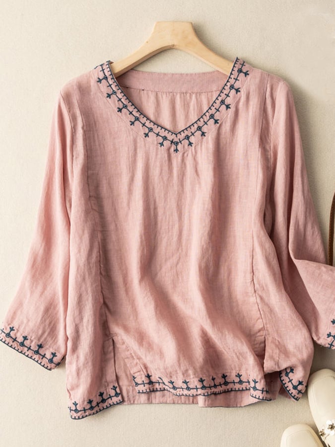 Fashion Embroidered V-Neck Cotton Shirt