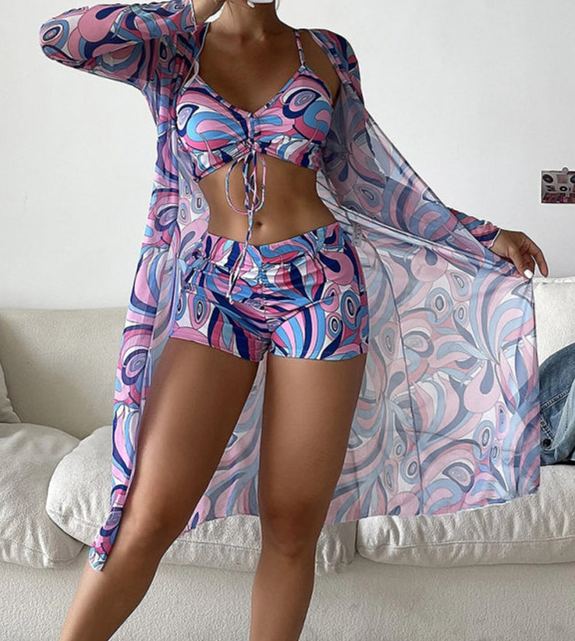 Split three-piece high waist long-sleeved ins blouse drawstring bikini