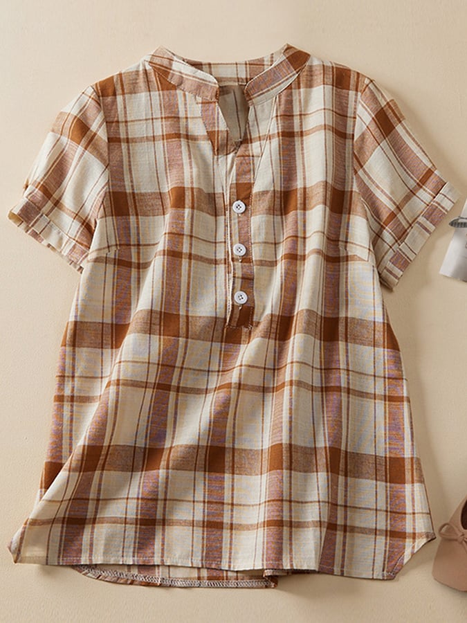 Cotton And Linen V-neck Plaid Loose Shirt