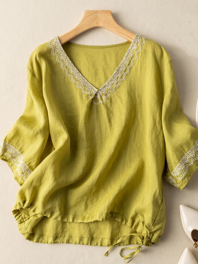 Fashion Embroidered V-Neck Cotton Shirt