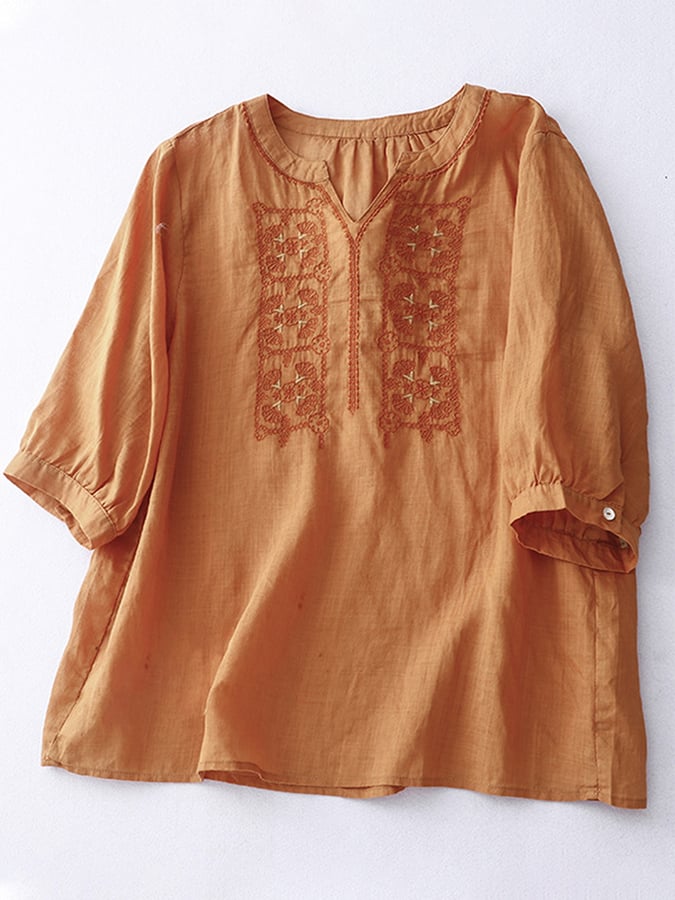 Cotton Linen Embroidered V-neck Casual Top