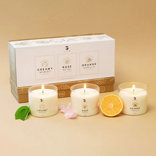 Kit de 3 Velas: Mango, Pétalos de Rosa y Vainilla con Naranja 250 g c/u