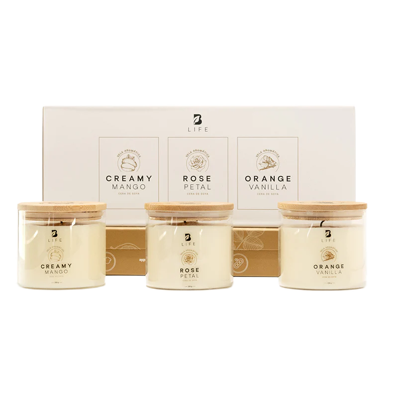 Kit de 3 Velas: Mango, Pétalos de Rosa y Vainilla con Naranja 250 g c/u