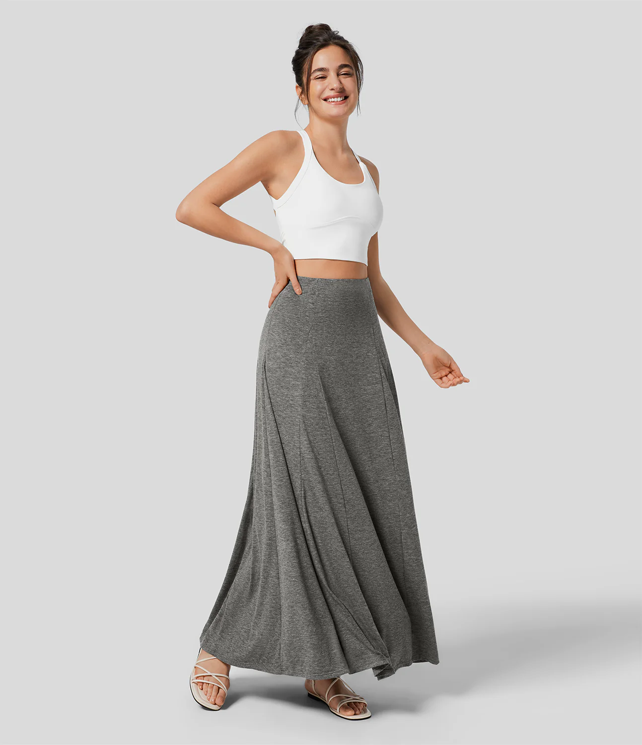 High Waisted Side Zipper Maxi Casual Flare Skirt
