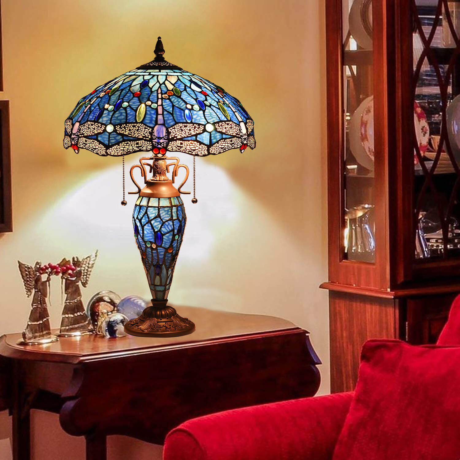 Dragonfly Style Tiffany Large Table Lamp 3-Light With Nightlight Rustic Antique Desk Light