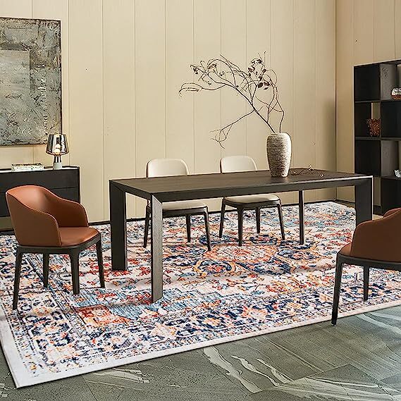 Machine Washable Rug 8’x10′ Vintage Design Washable Area Rugs with Non Slip Rugs for Living Room Bedroom Traditional Woven Rug Carpet Stain Resistant Dining Home Office Boho Rug, Blue Yellow