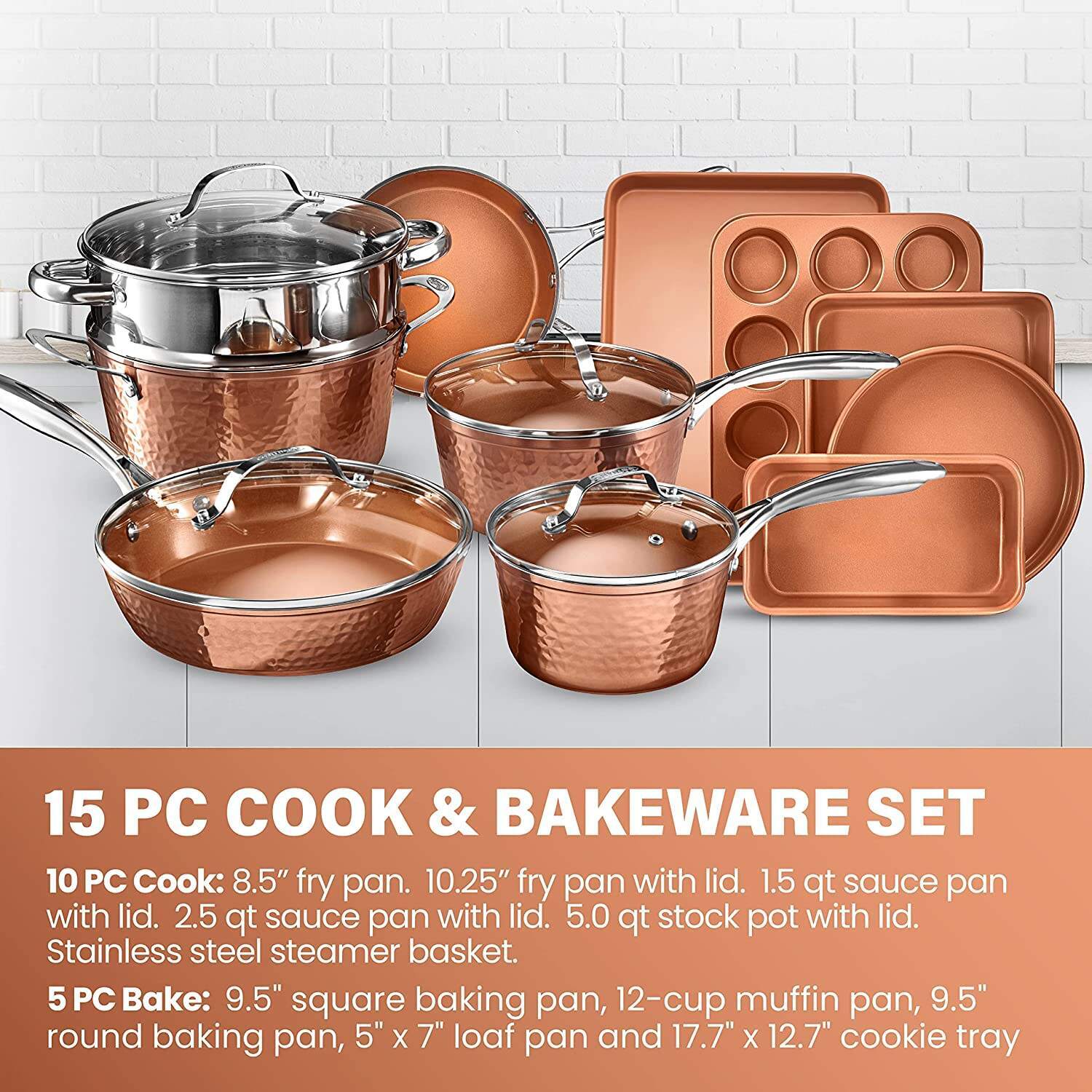 Steel Hammered Pots and Pans Set Nonstick, 15 Pc Elegant Kitchen Cookware Set & Bakeware Set, Ultra Durable Pots and Pans for Cooking with Nonstick Ceramic Coating, Dishwasher Safe, Toxin Free