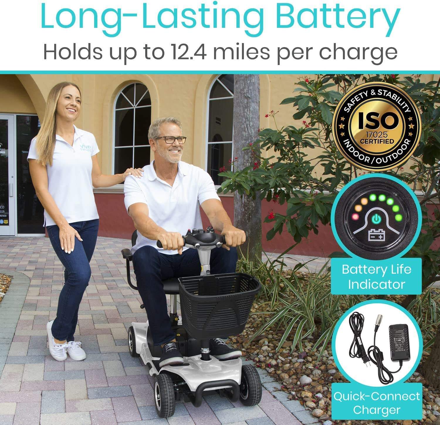 Vive 4 Wheel Mobility Scooter - Electric Powered Wheelchair Device - Compact Heavy Duty Mobile for Travel, Adults, Elderly - Long Range Power Extended Battery with Charger and Basket Included
