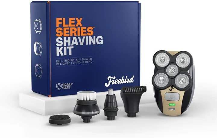 FlexSeries Shaving Kit - Head Shaver for Bald Men, Wet & Dry Electric Skull Shaver, Waterproof Rotary Blades, Cordless, Rechargeable, Includes Clippers, Guards, Nose/Ear Trimmer from Freebird