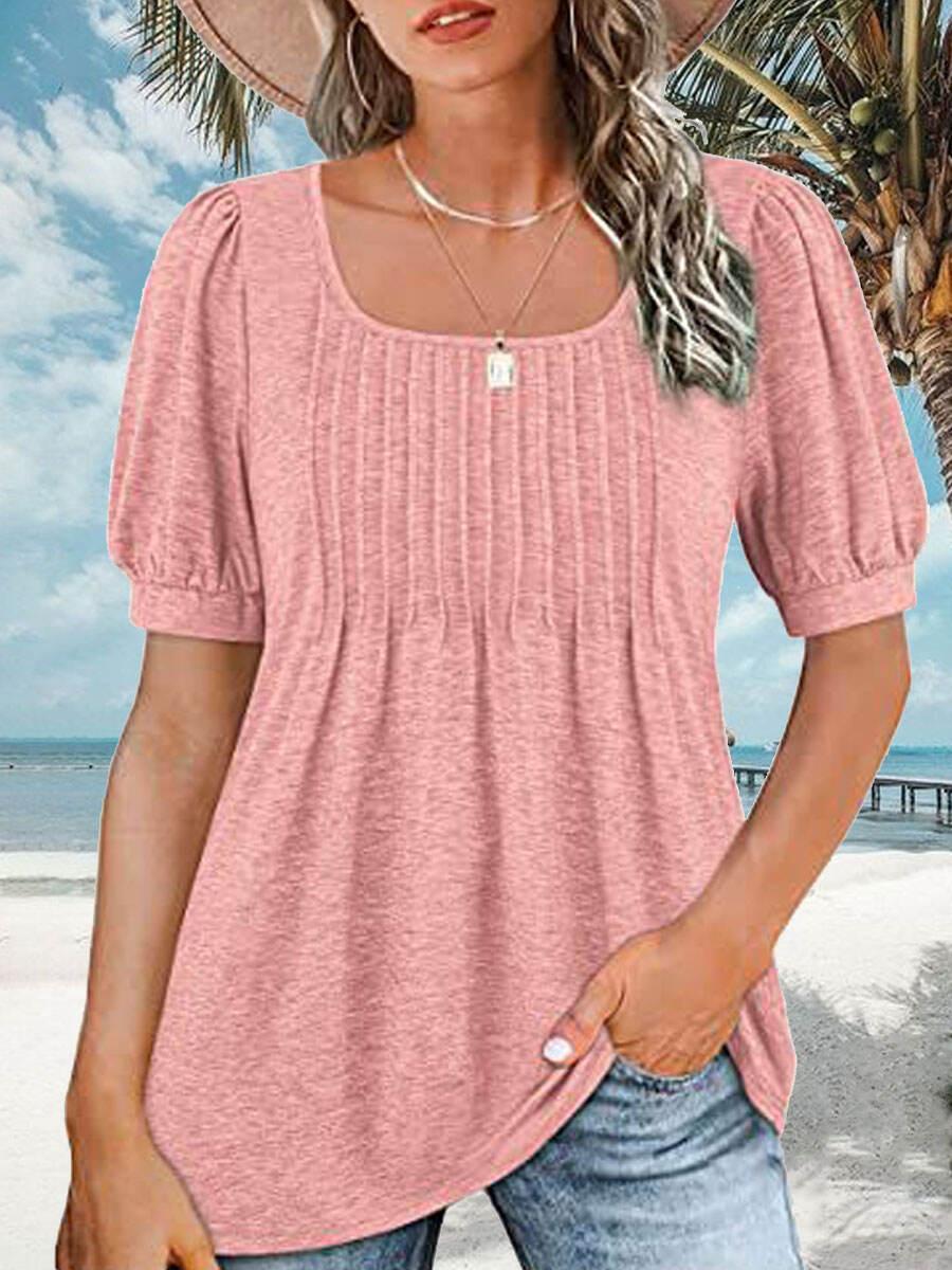 Square Neck Casual Loose Solid Color Short Sleeve T-Shirt