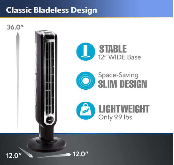 Lasko Oscillating Tower Fan, Remote Control, 3 Speeds, for Bedroom, Kitchen, Office, 36′′, Black