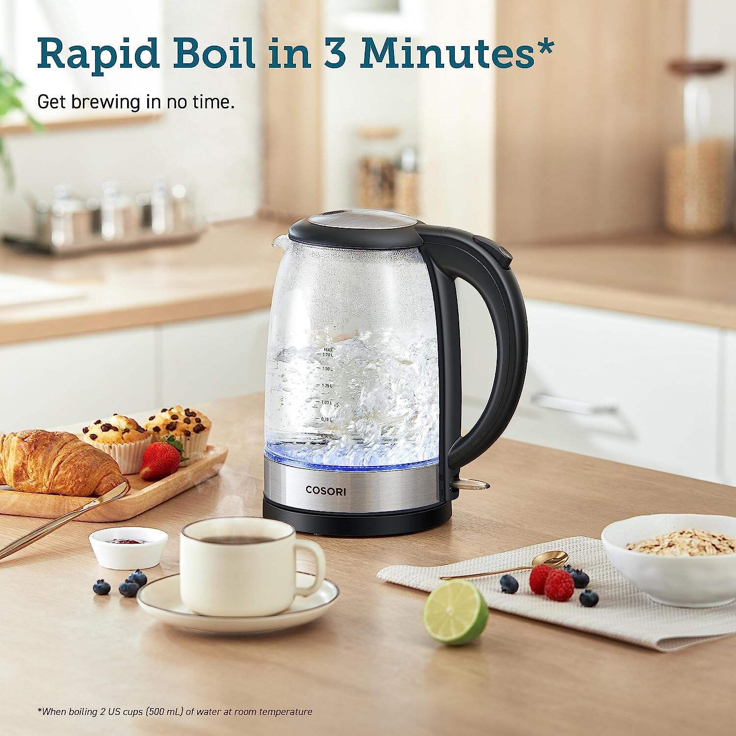 Electric Kettle with Stainless Steel Filter and Inner Lid, 1500W Wide Opening 1.7L Glass Tea Kettle & Hot Water Boiler, LED Indicator Auto Shut-Off & Boil-Dry Protection, BPA Free, Matte Black