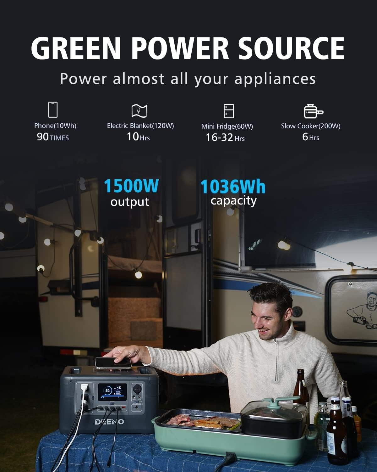 Portable Power Station X1500, 1036Wh LiFePO4 (LFP) Battery, 1500W(Peak 3000W) Solar Generator (Solar Panel Optional) for   Camping RVs Home Use Emergency Travel
