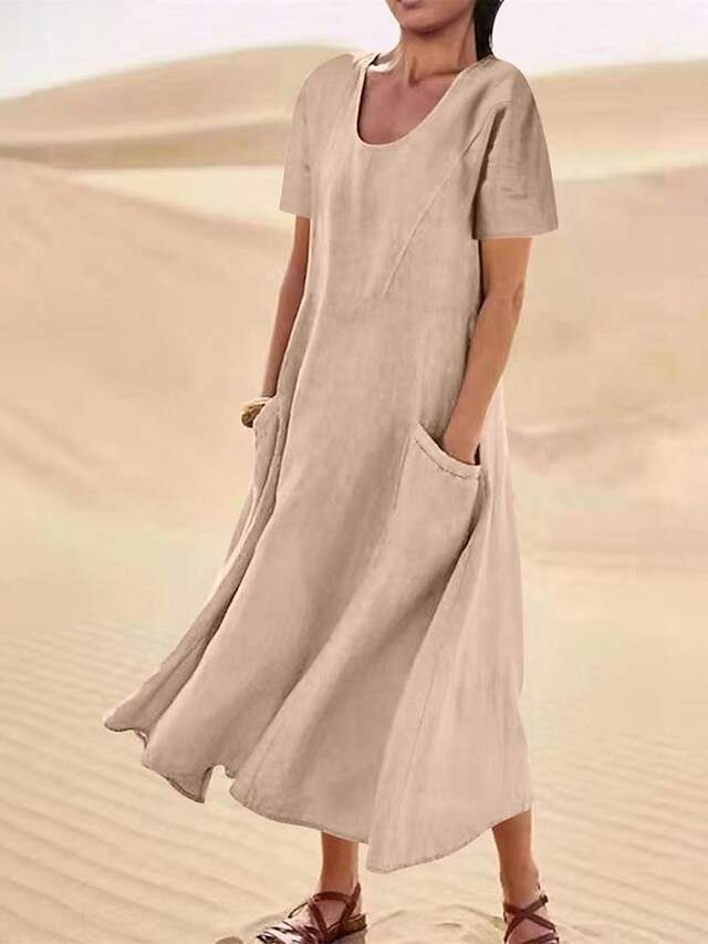 Women's Cotton Linen Dress Casual Dress Swing Dress Maxi long Dress Linen Cotton Blend Fashion Classic Outdoor Daily Vacation Crew Neck Pocket Short Sleeve Summer Spring 2023 Loose Fit Black Pink Sky