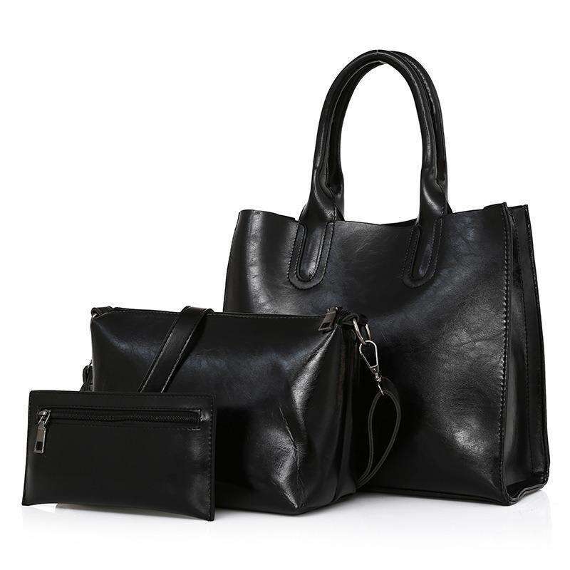Women's new retro three-piece fashion oil wax leather large-capacity handbag